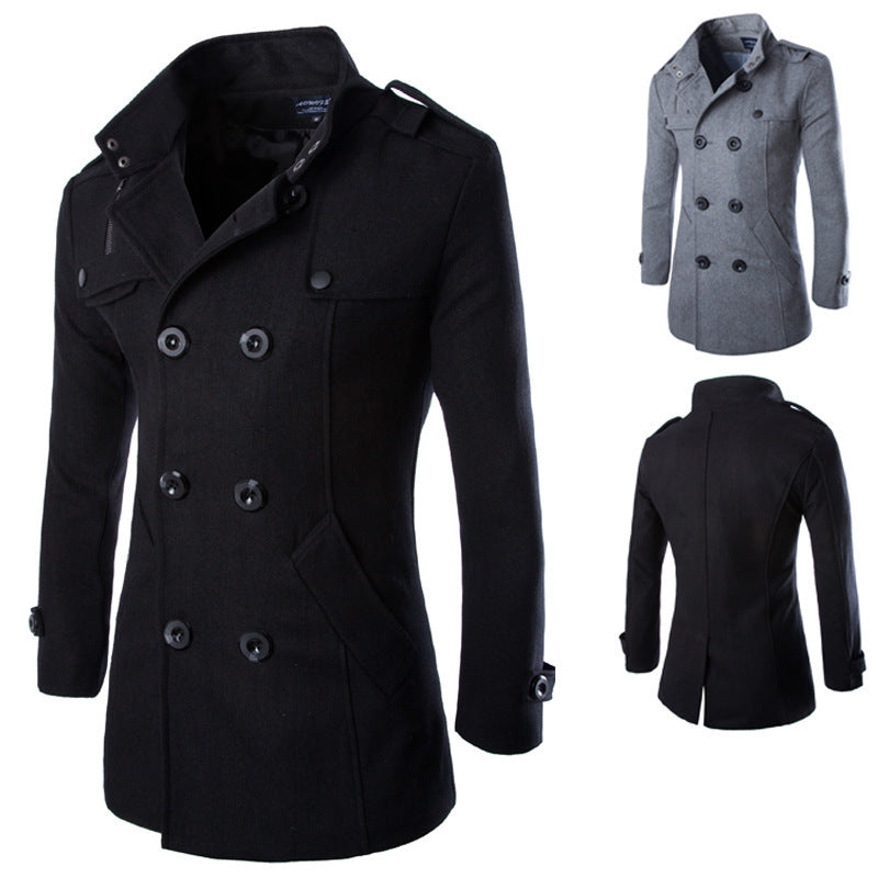 Trenchcoat i uld til mænd med stående krave og lange ærmer
