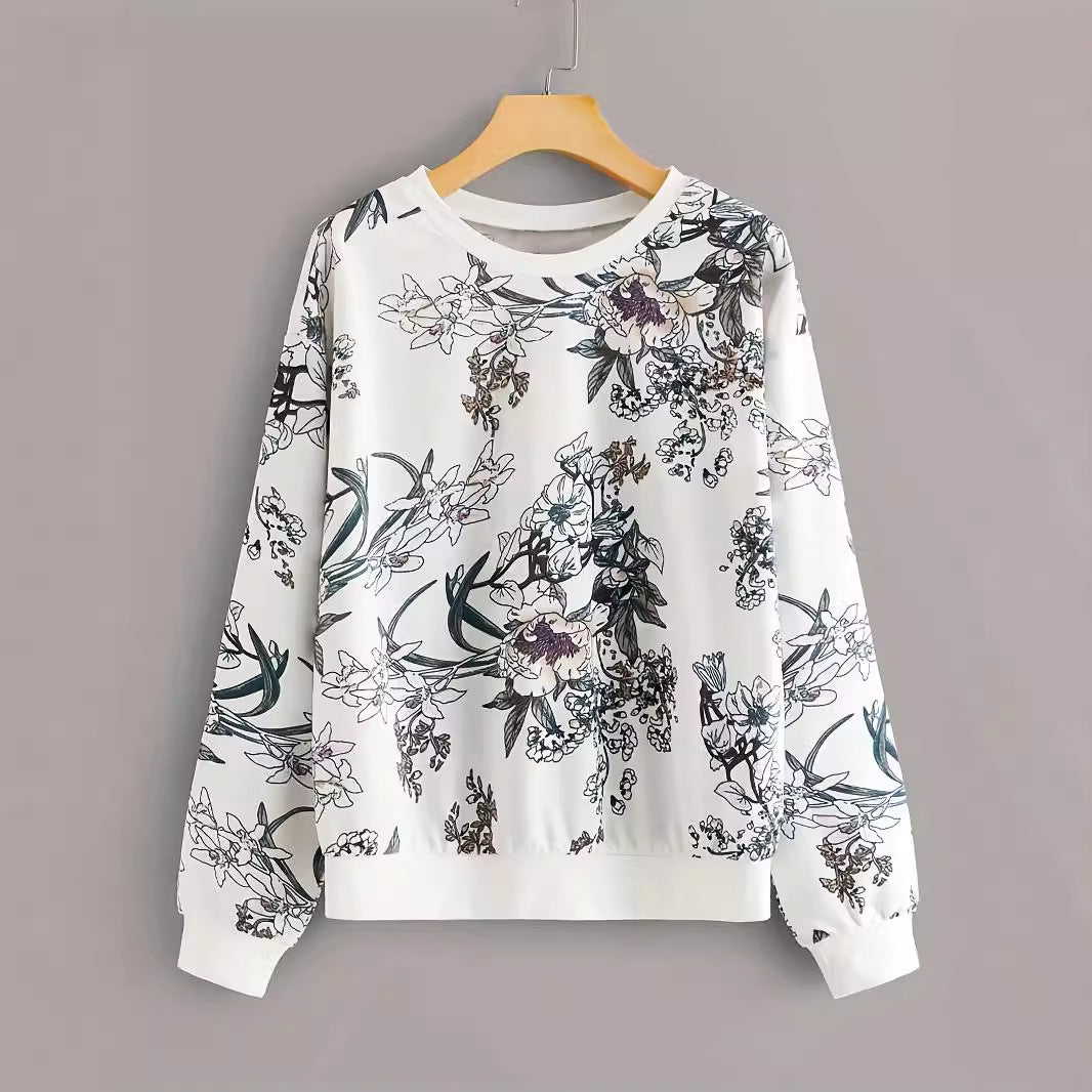 Rundhalset Sweater med Blomsterprint og Drop Shoulder