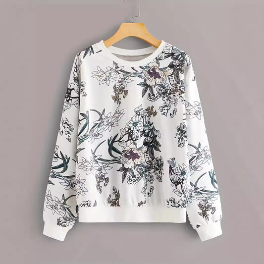 Rundhalset Sweater med Blomsterprint og Drop Shoulder