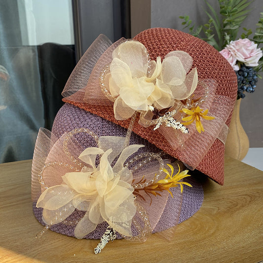 Women's Fashion Big Net Flower Knit Breathable Sun-shade Beach Hat
