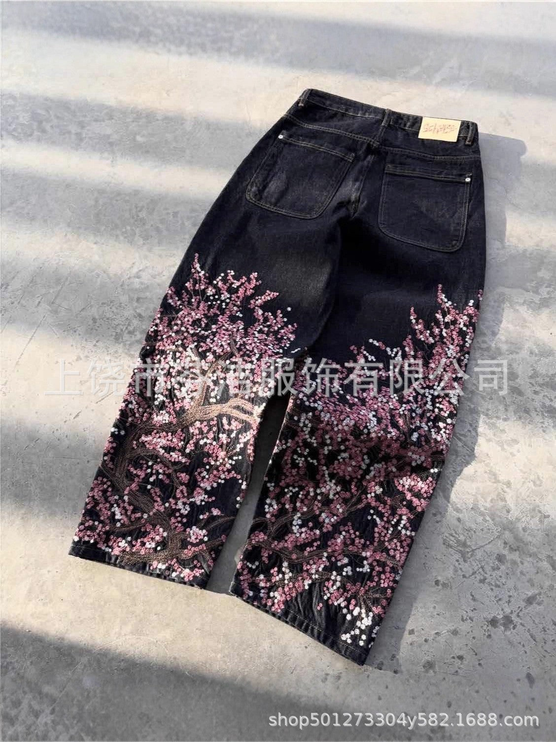 Digital-print Floral Faux Denim Straight-leg Floor-length Pants 3D