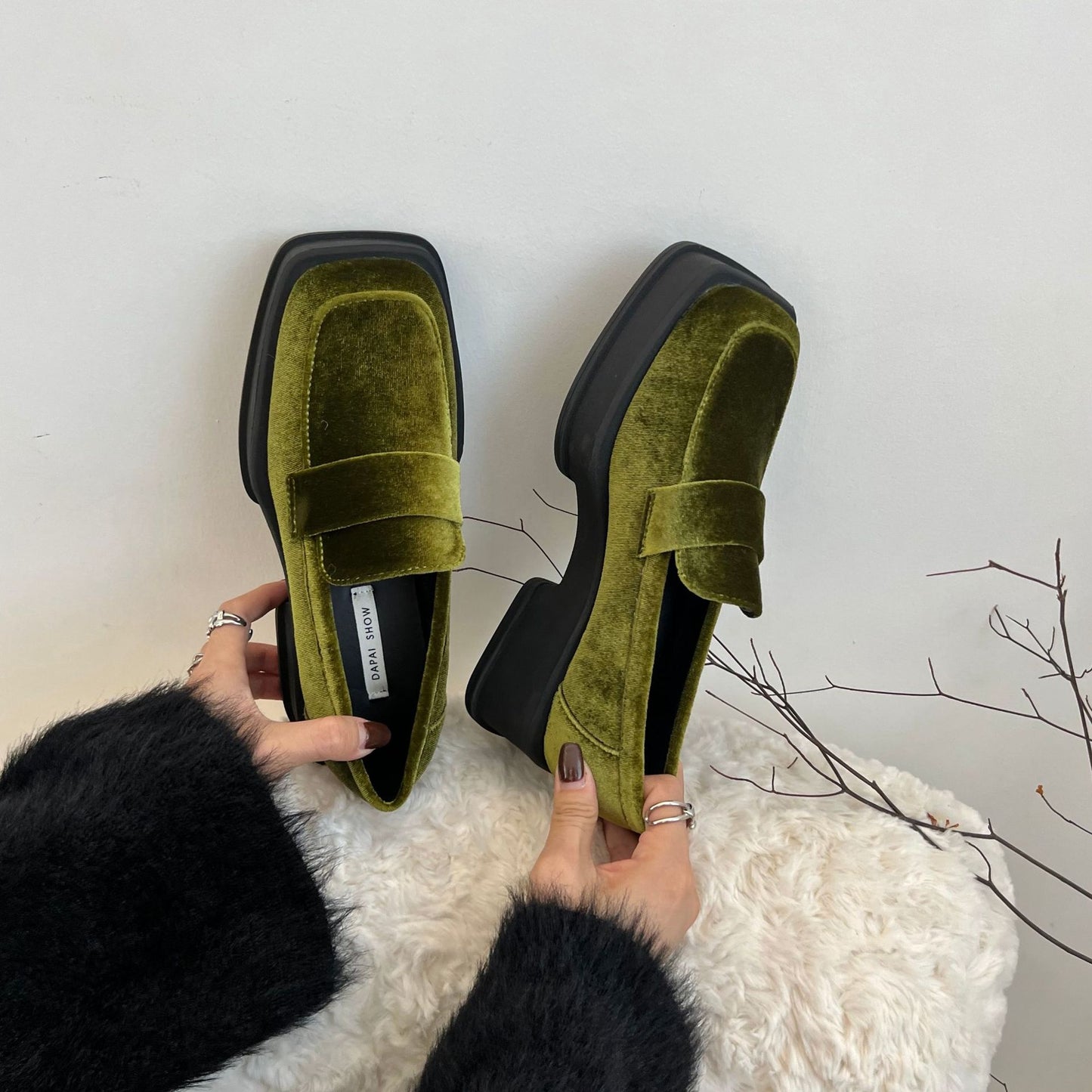 British Style Vintage Guld Fløjl Chunky Hæl Plateau Loafers til Kvinder