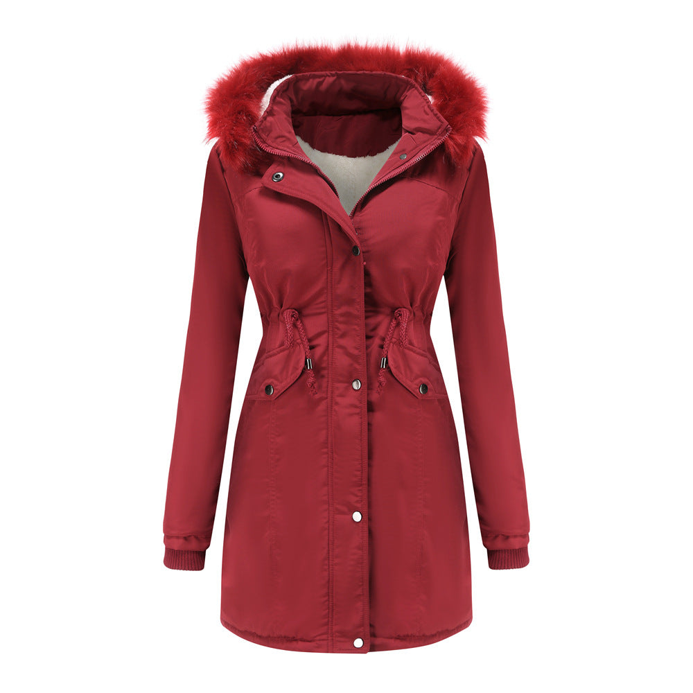 Women's Cotton Plus Velvet Detachable Hat Big Fur Collar Coat