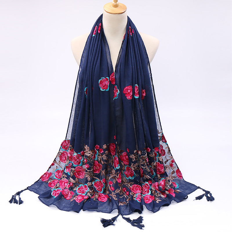 Pure Color Cotton And Linen Embroidered Hot Drilling Fringe Scarf