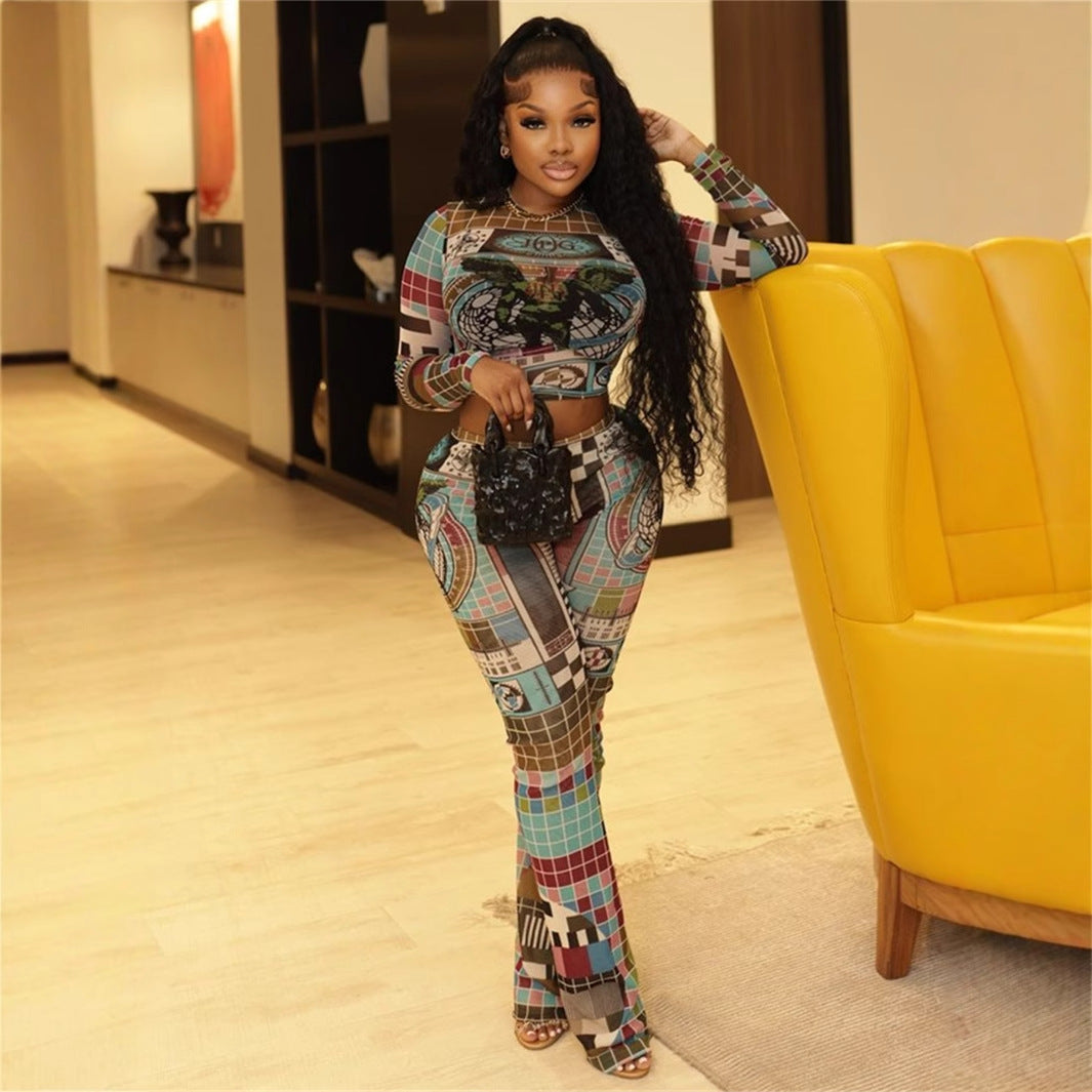 New Fashion Mesh Long-sleeve Cropped Top And Pants Set With Printed Design