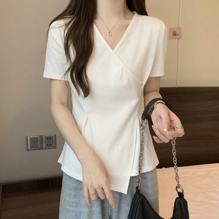 Irregular Bottoming Shirt Shoulder V-neck All-matching Short Sleeve