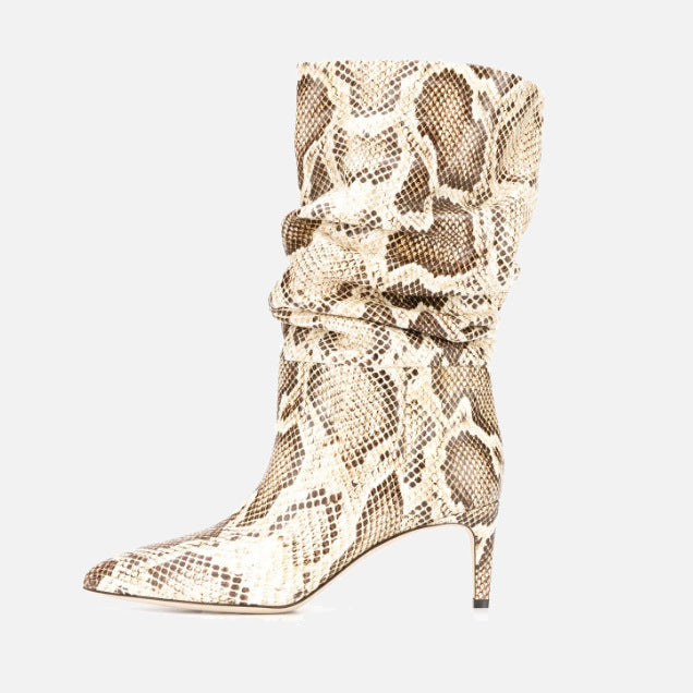 Pointed Toe Stiletto High Heel Snake Print Pleated Mid-top Boots Purple And Silver Women's Boots