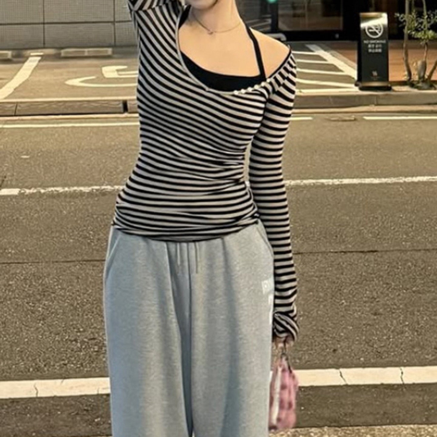 New European And American-style Striped Halter V-neck Slim-fit Long-sleeve Top
