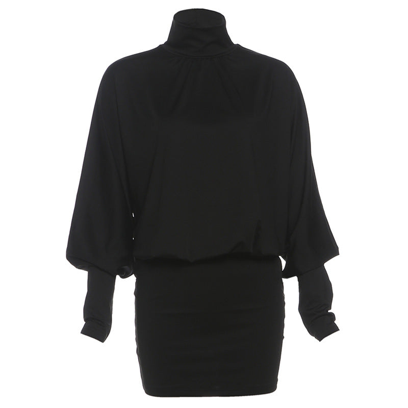 Womens Solid Color Sexy High-Neck Long-Sleeve Backless Loose-Fit Sheath Dress