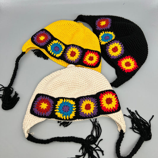 Ethnic Hand Made Flower Knitted Pot Hat Female