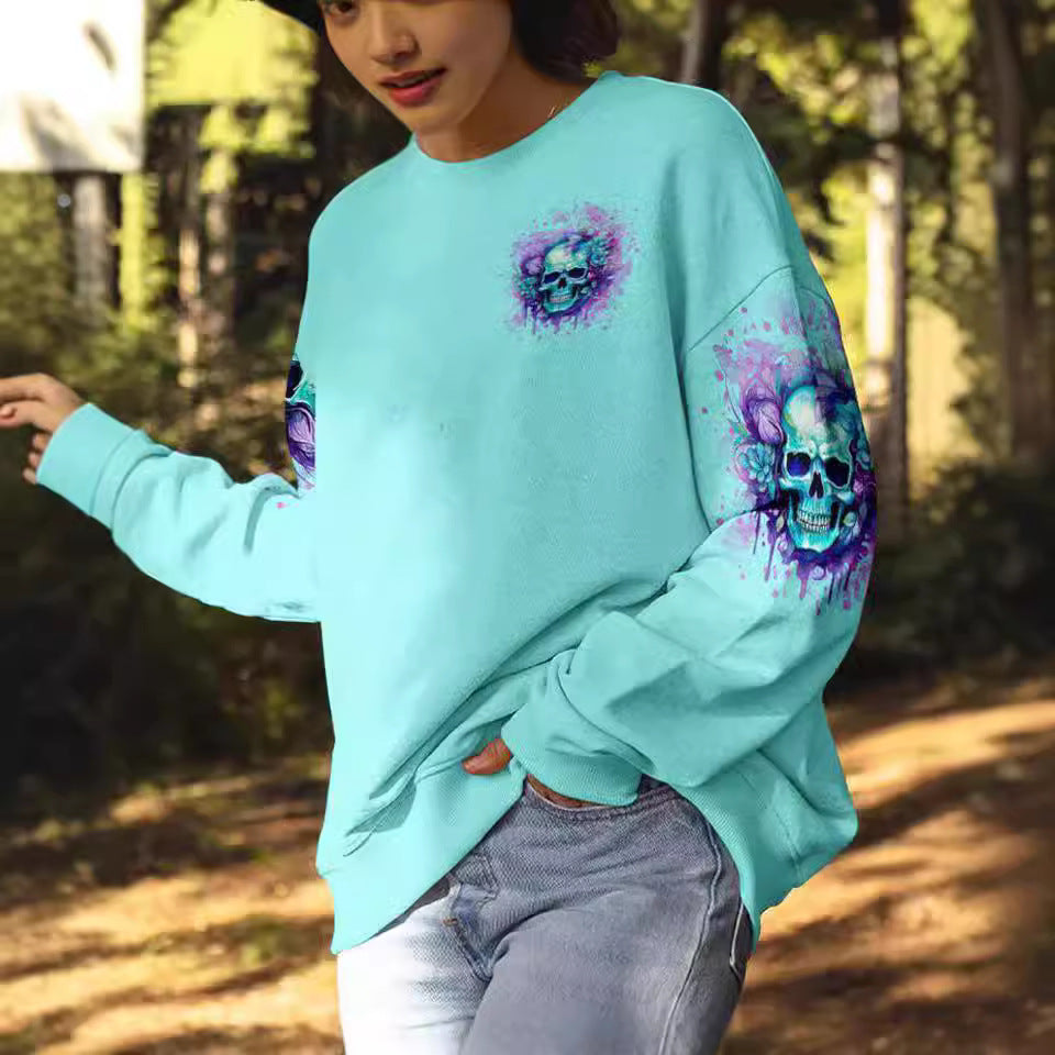 Women's Trendy Pullover Green Skull Hooded Sweater