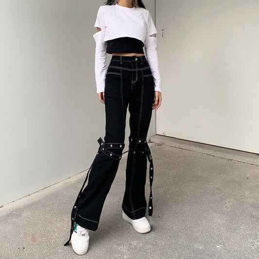 Lace-Up, High-Waisted, Thin, Casual Denim Pants