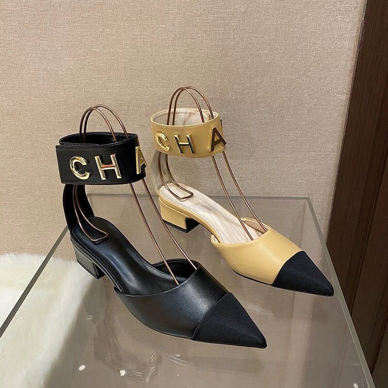 Small Incense Wind Color Matching Thick Heel Women's Shoes With Velcro Pointed Toe Sandals With A Toe