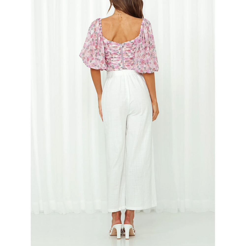 Ladies Square Neck Pleated Cropped Navel Shirt Top