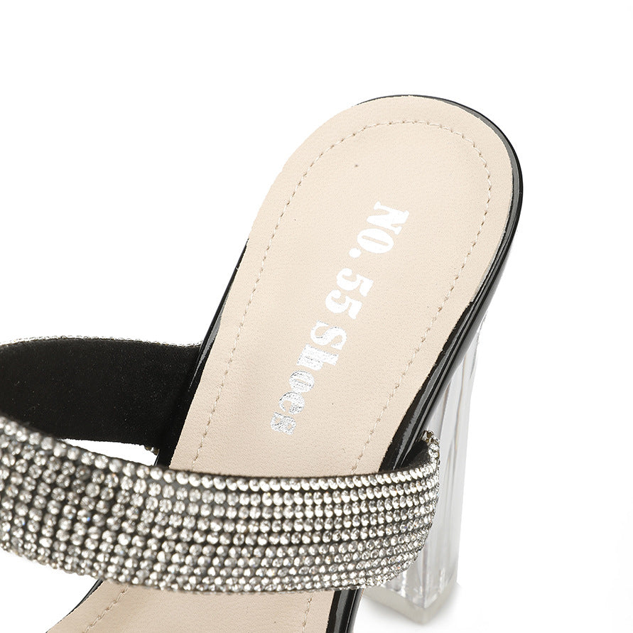 Slender Sandals With Rhinestone Transparent Thick Heel Women's Shoes
