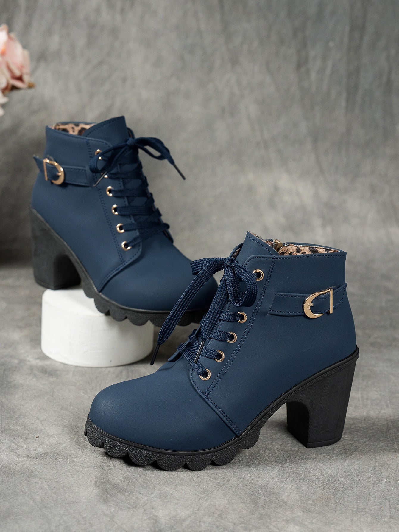 Metallic Belt Buckle Thick Heel Short Tube Martin Boots Women