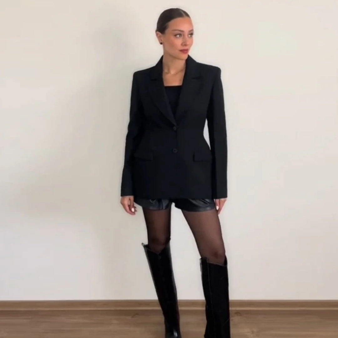 Women's Plus Size Suit Padded Shoulder Slim-fit Black Button Coat
