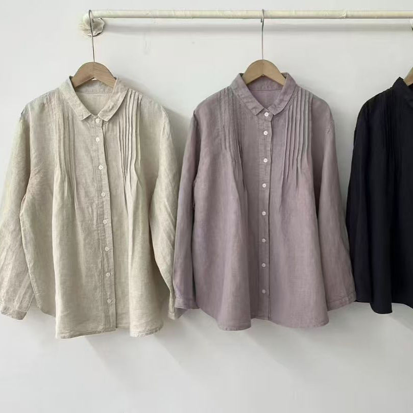 Women's Lapel Japanese Long Linen Sleeves Shirt