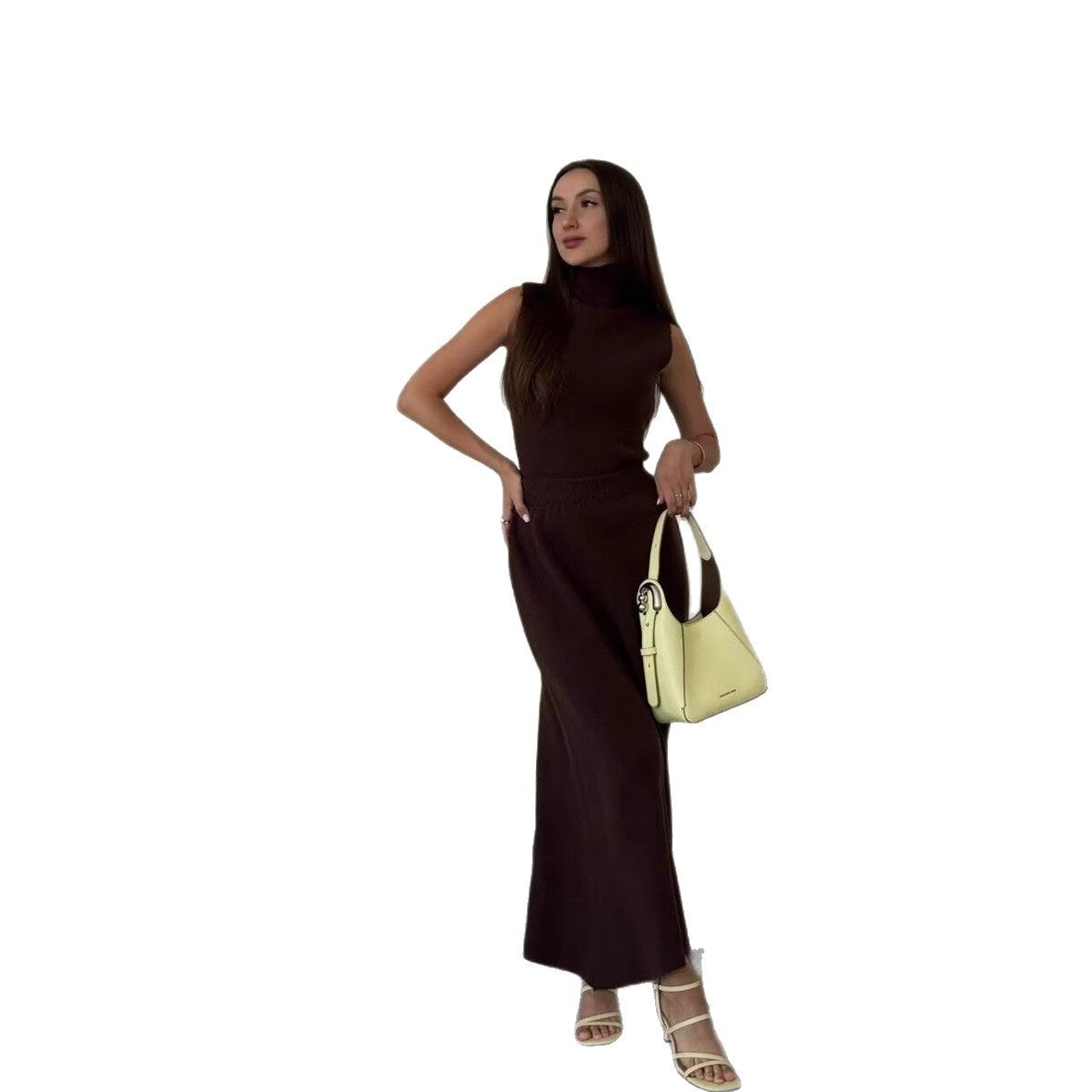 Turtleneck Sleeveless Vest Top And Fishtail Skirt Match Long Cardigan Three-piece Set