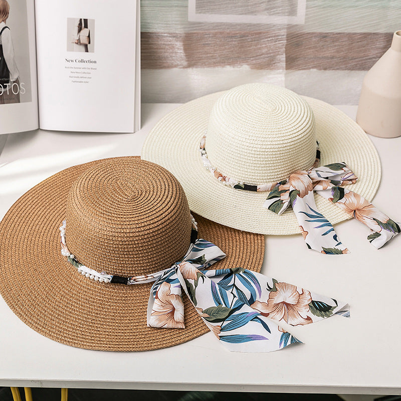 Bow Ribbon Broad-brimmed Hat Silk Scarf Straw Woven Vacation Sun Protection Folding Straw Hat