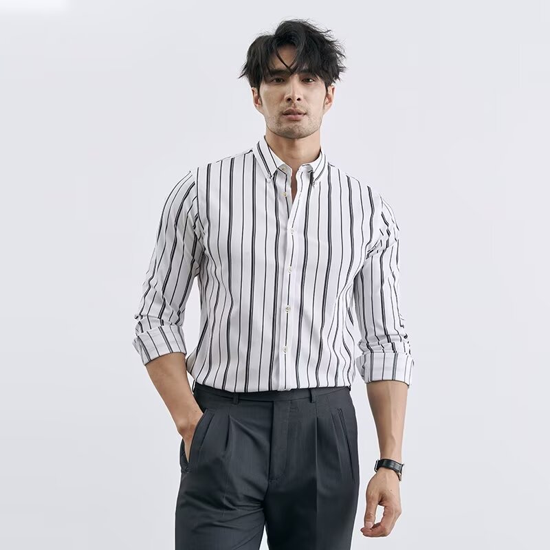 Men's Loose-Fit Casual Striped Long-Sleeve Shirt