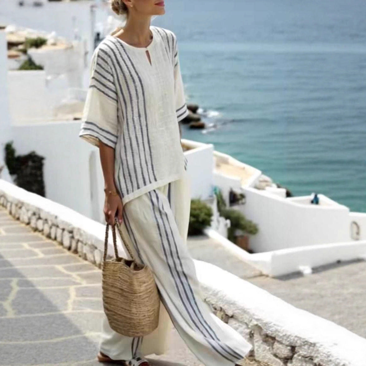 Round Neck Striped Short Sleeve Cotton And Linen Top Casual Pants Women's 2-piece Set