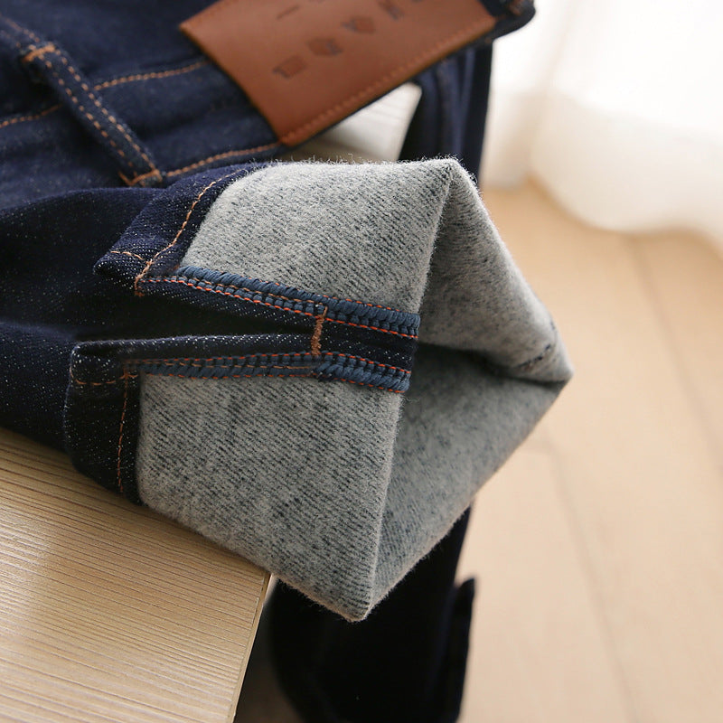 Fleece-lined Slimming Straight-leg Brushed Denim Jeans