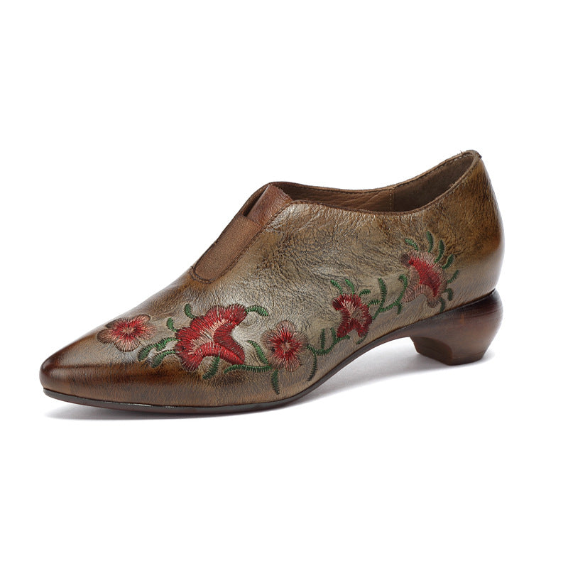 Women's embroidered flower thick heel high heels