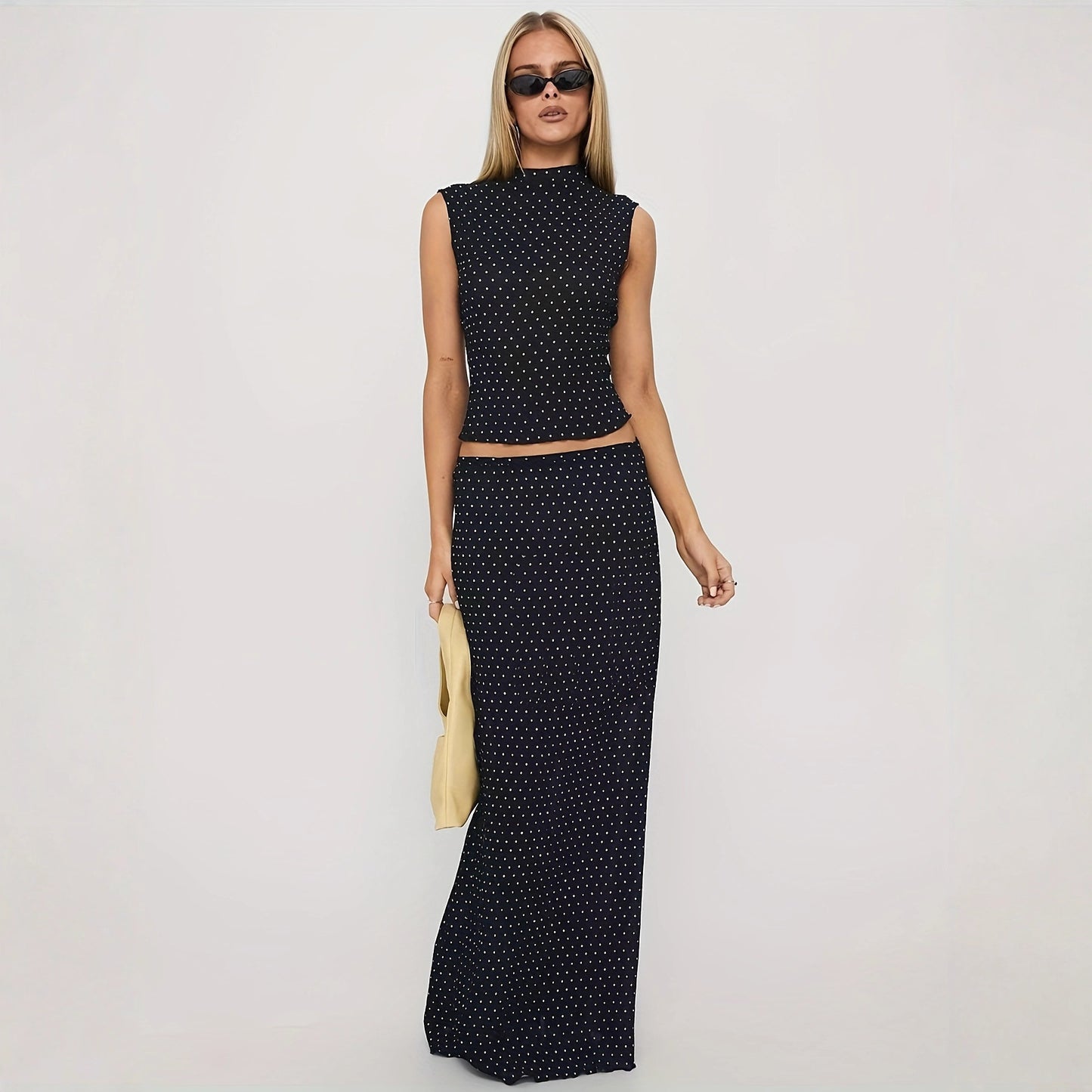 Retro Elegant Polka-Dot Sleeveless Top And Skirt Set For Women