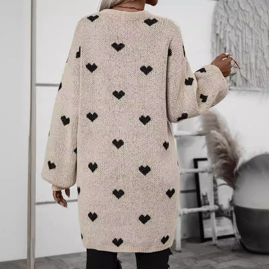Long Heart Jacquard Sweater Coat