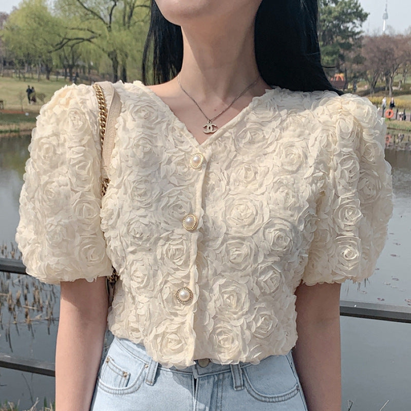 Women's V-neck Three-dimensional Rose Large Pearl Buckle Short-sleeved Shirt