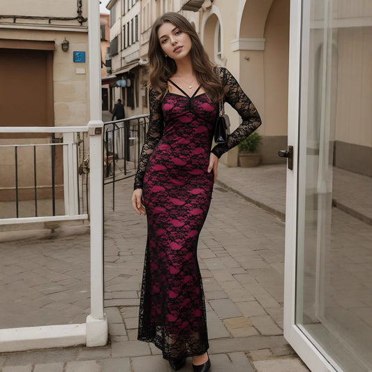 Solid Color Loose And Versatile Slim-fit Lace-panelled Sheath Dress
