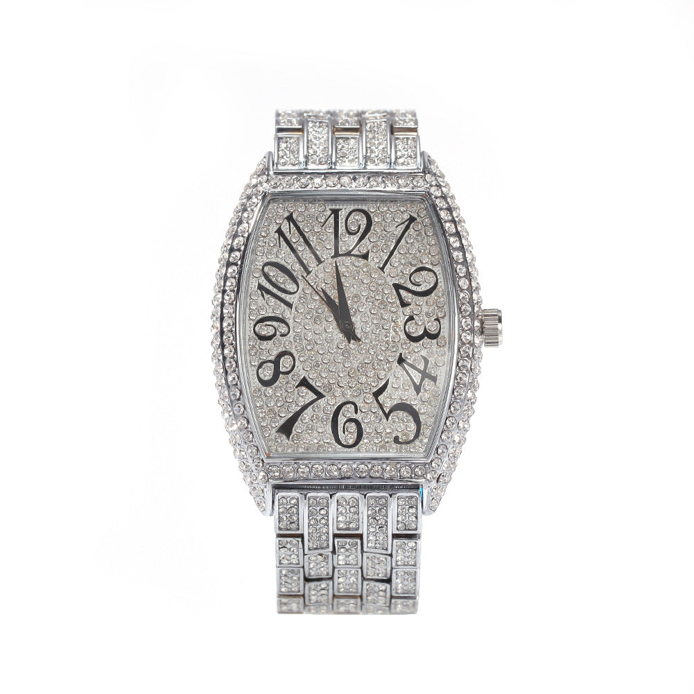 Large tonneau-shaped dial with full diamonds