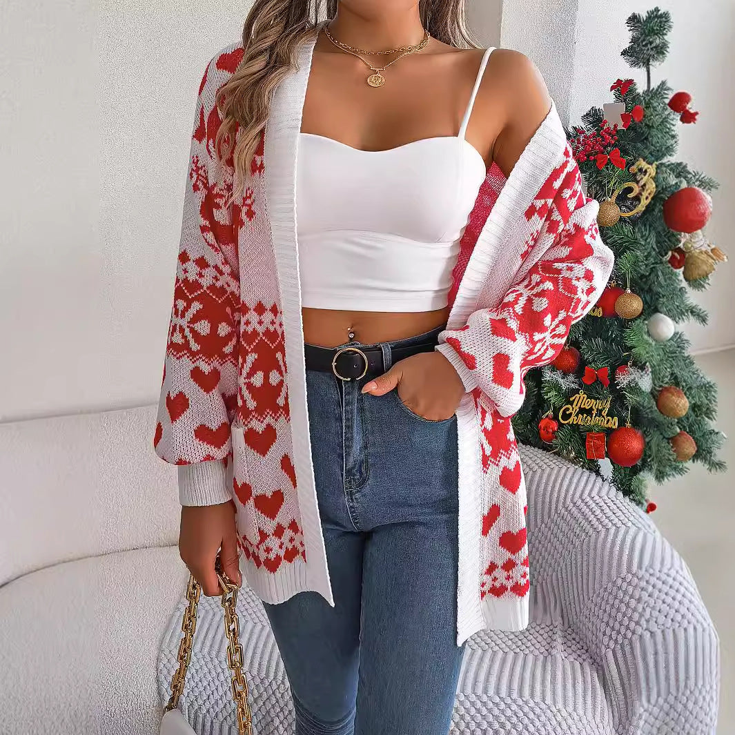 Christmas Clothes Women's Open Front Cardigan Knitwear Lantern Sleeve Xmas Printed Oversized Deer Sweater Pockets Knitted