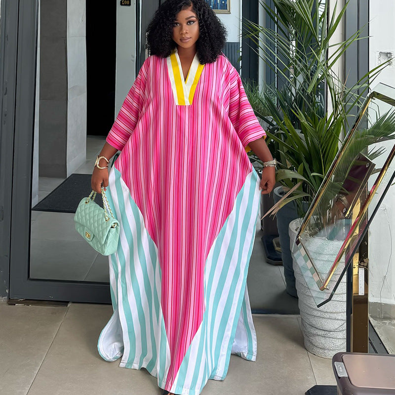 Western-style Fashionable V-neck Striped Loose-fitting Maxi Dress