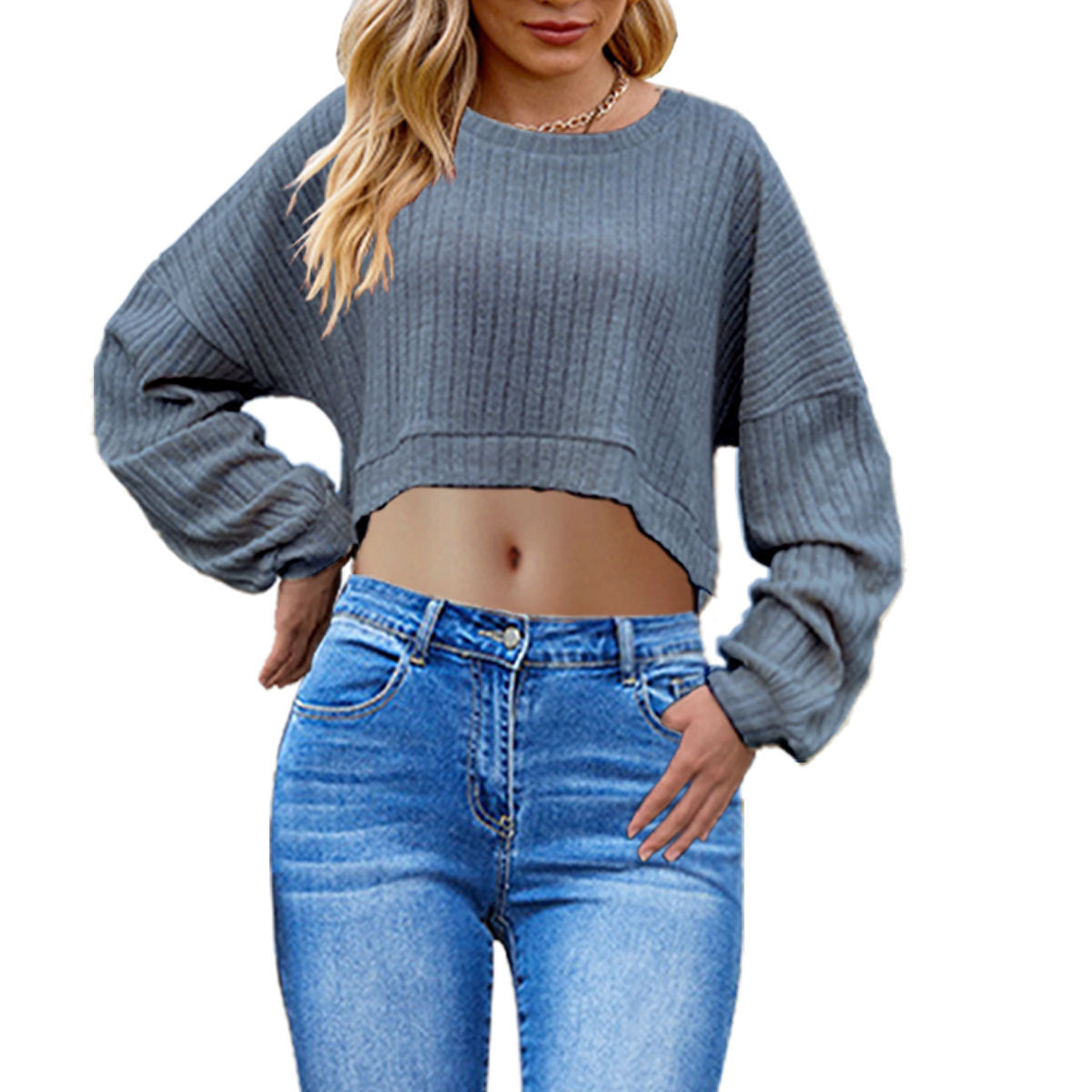 European And American Brushed Sunken Stripe Knitted Midriff-baring Long Sleeve Short T Women's Top