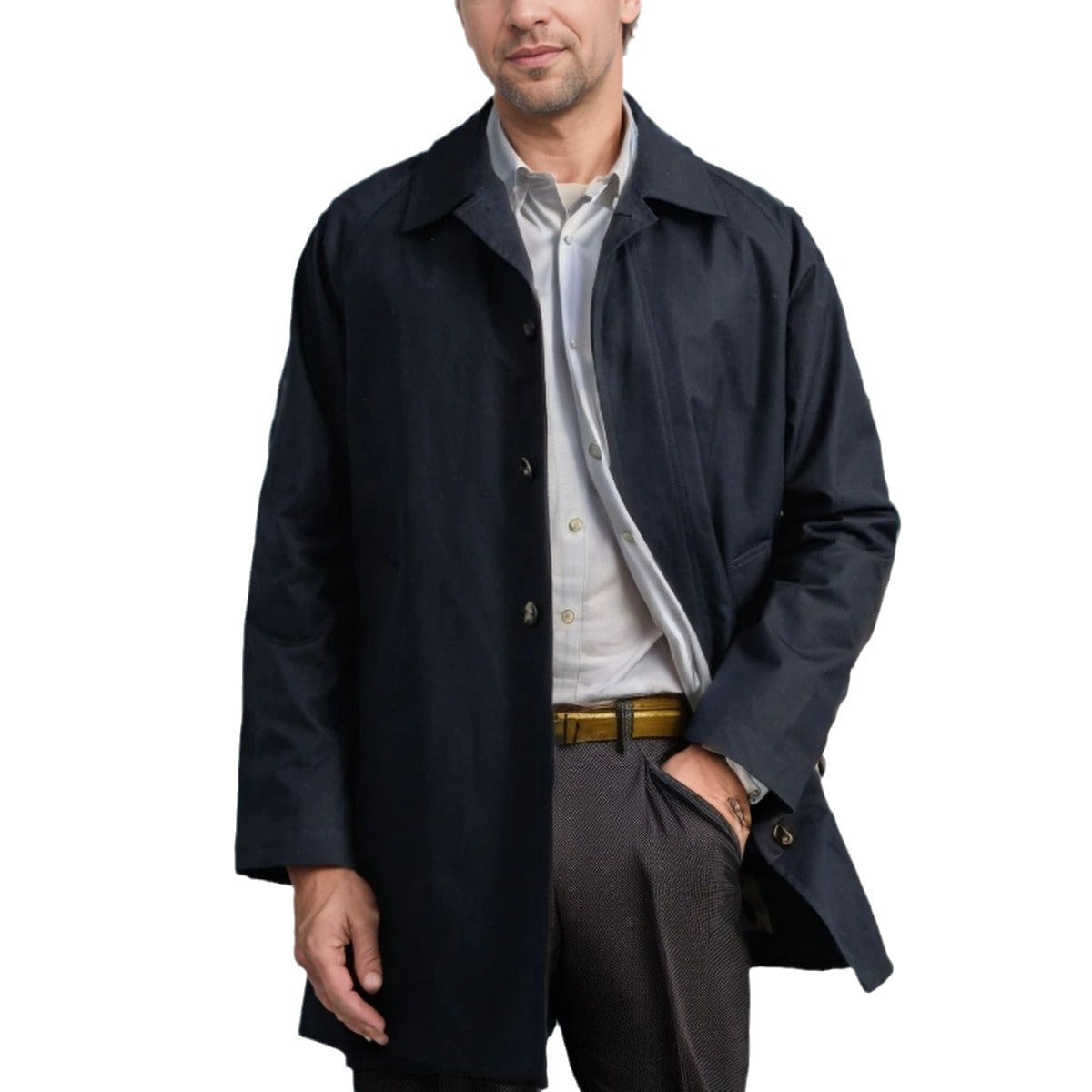 Langærmet trenchcoat til mænd, revers, slim fit, enkeltbrystet, afslappet jakke