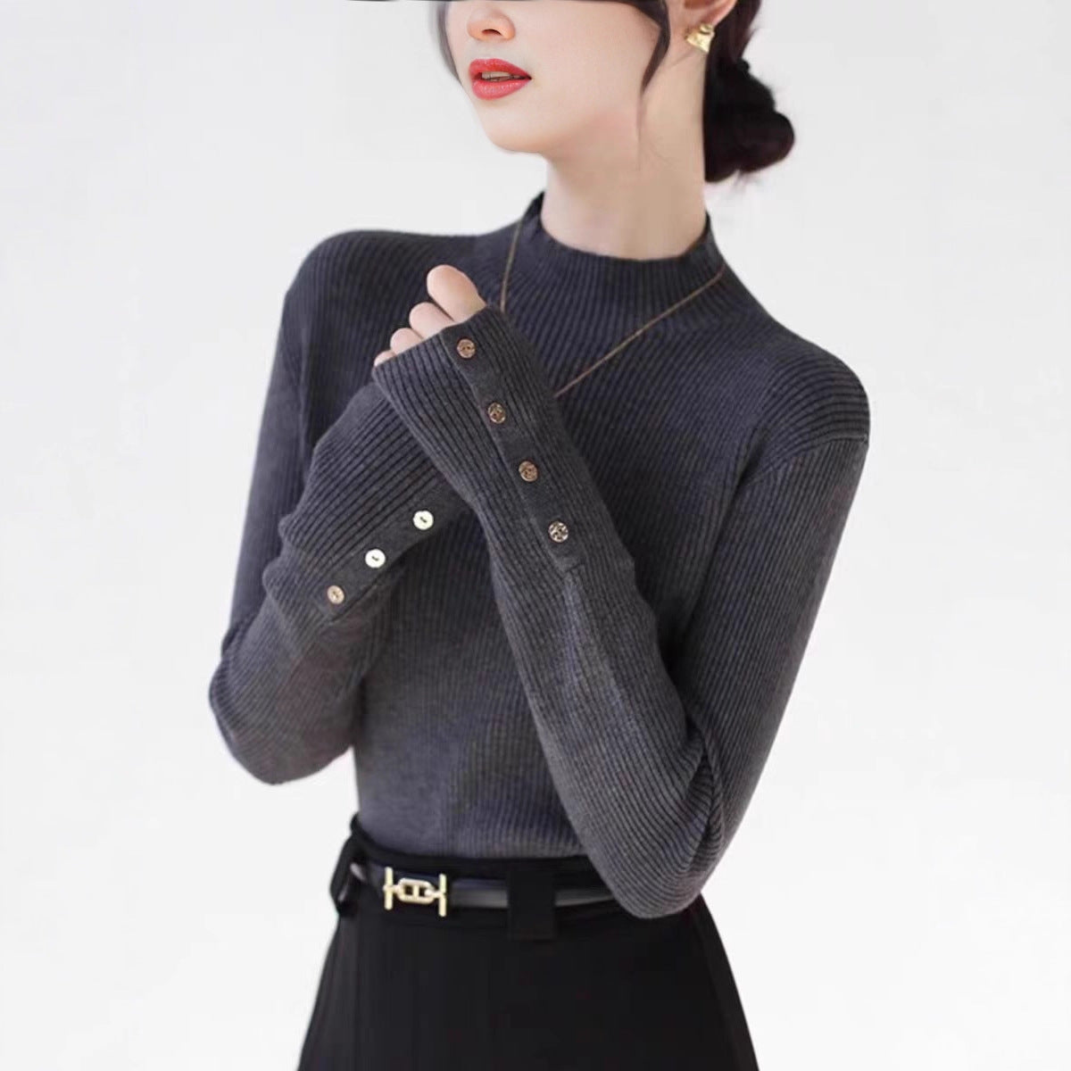 Grey Temperament Semi-high Neck Knitted Women's Autumn Base Shirt