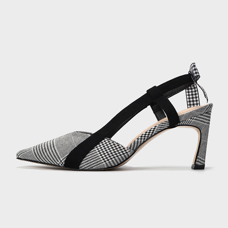 Small Pointed Toe Plaid Fashion High-heeled Sandals Bow Knot Women's Sandals All-match Almond Shoes Women