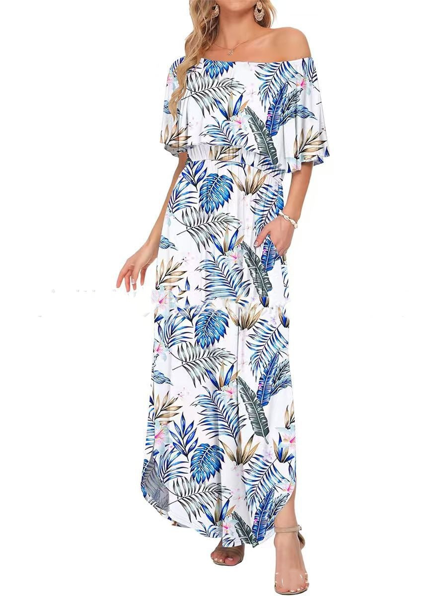 Printed Off-shoulder Short-sleeve Maxi Dress