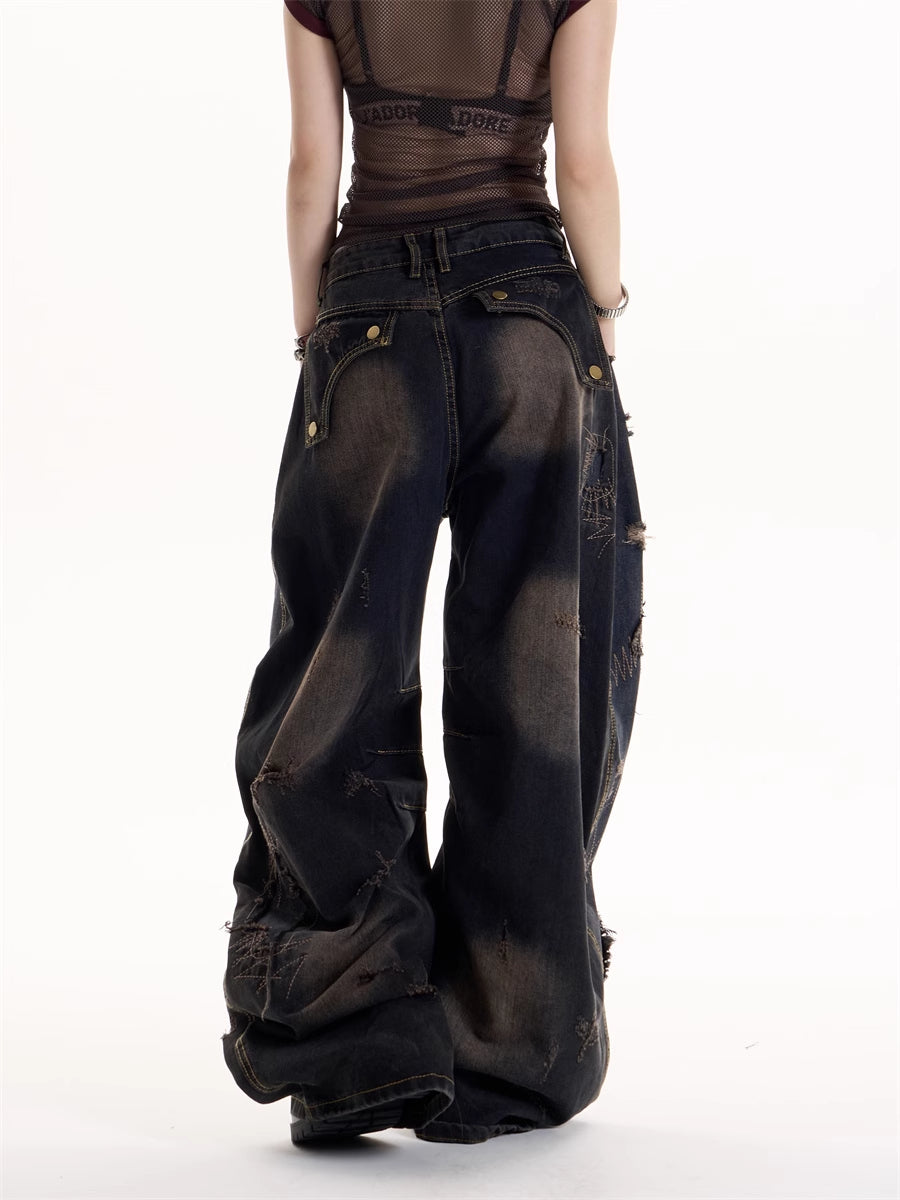 American Retro Hot Girl Wind Black Tie-dyed Ripped Jeans