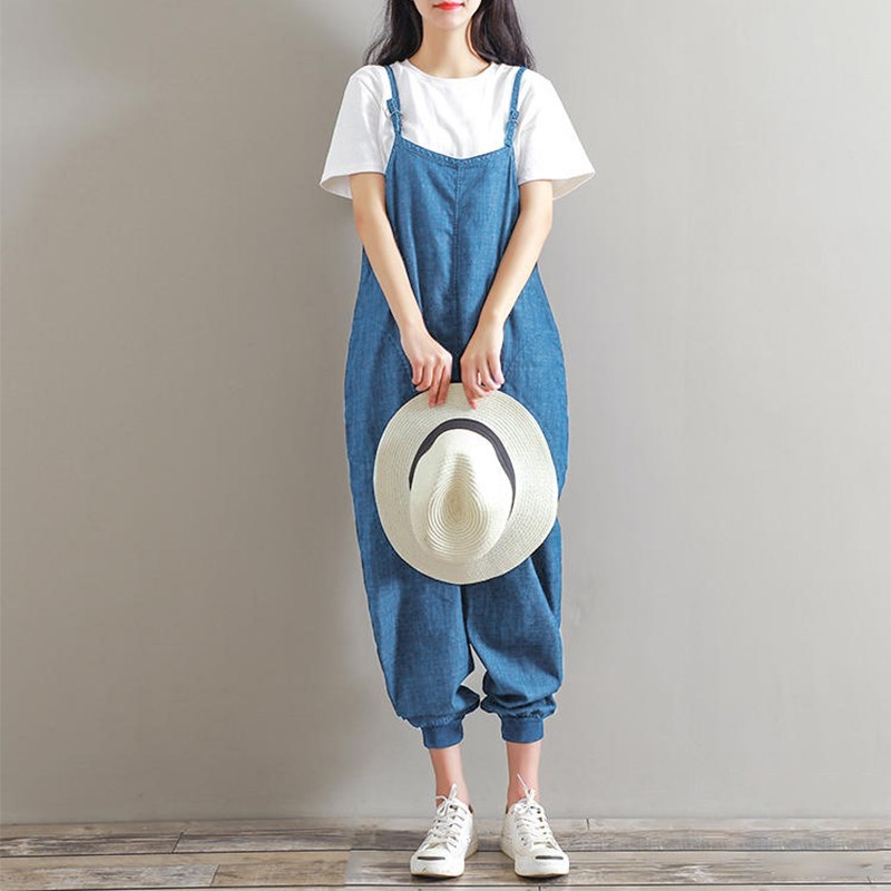 Women's two-color seven-yard one-piece suspenders and ankle jeans