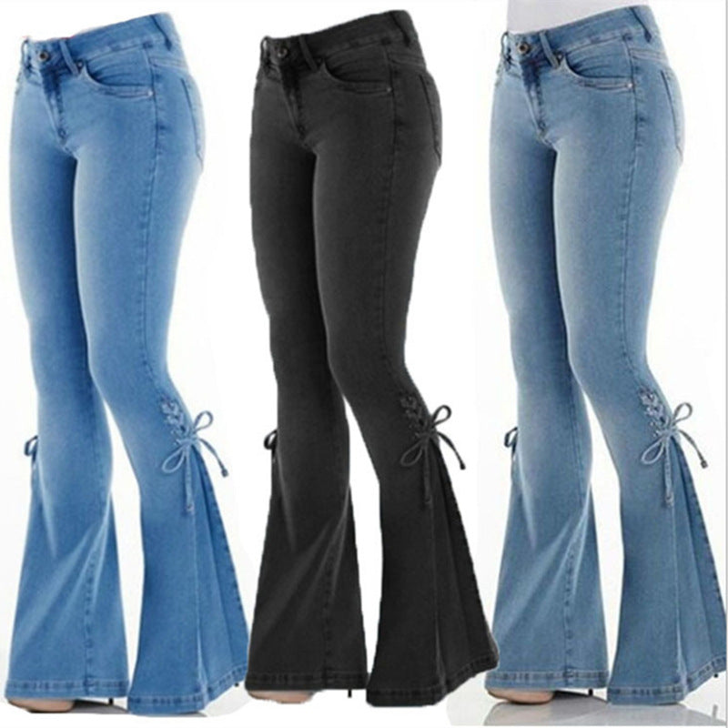 Mid Waist Lace Up Denim Trousers Stretch Jeans Women's Flared Pants