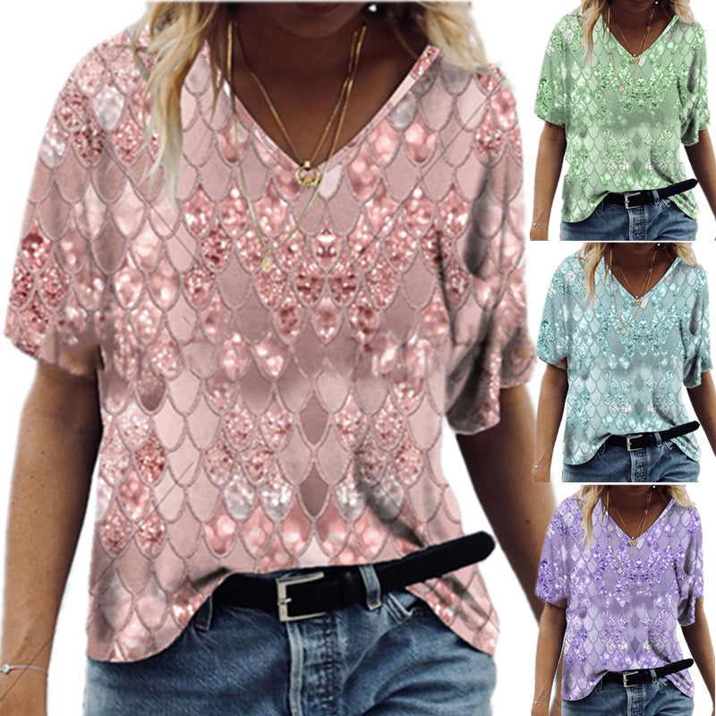 3D Printed Loose V Neck Short Sleeve T Shirt Top