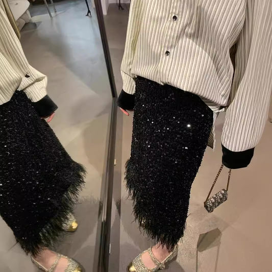 Fashion Women's Velvet Feather Tassel Long Dress