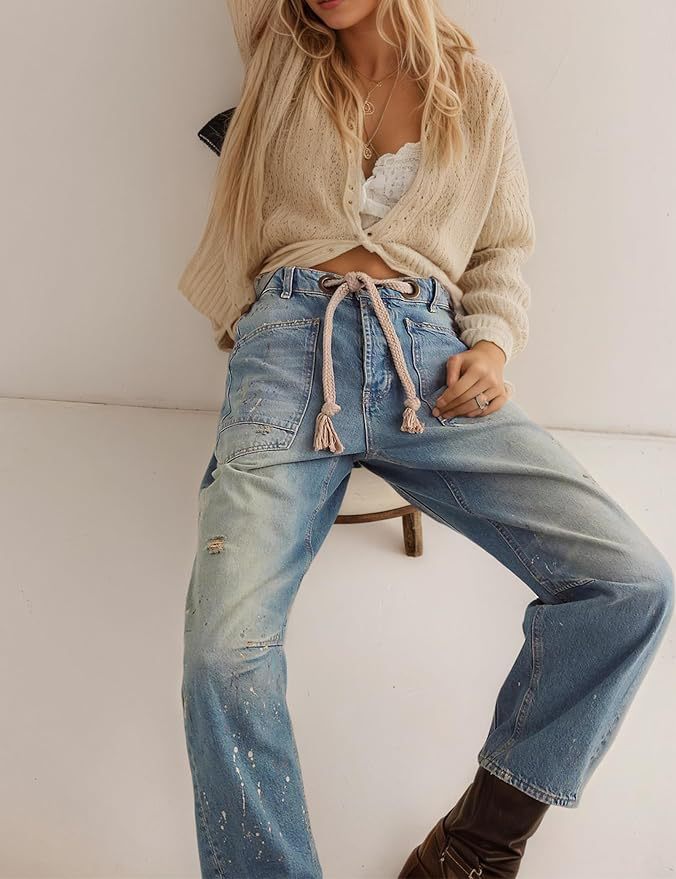 Womens Patchwork Loose Straight Denim Jeans With Drawstring Waist And Lace-Up Details