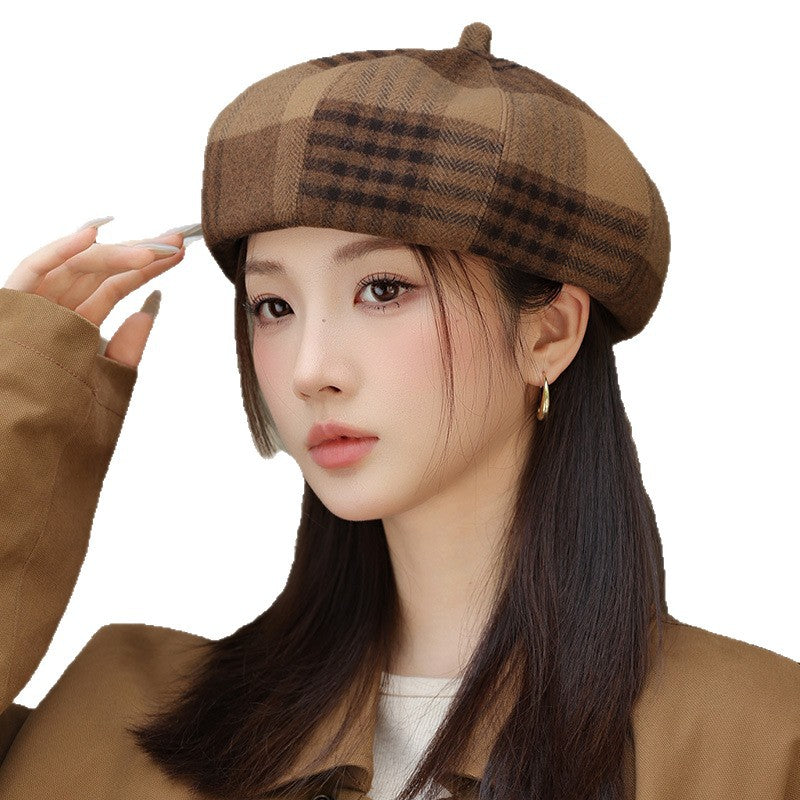 British Style Retro Plaid Octagonal Hat Japanese Style Fashion All-matching