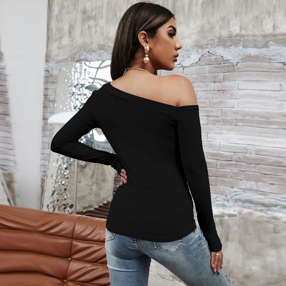 Slanted Shoulder Collar Temperament Slim Long-sleeved T-shirt Knitted Top