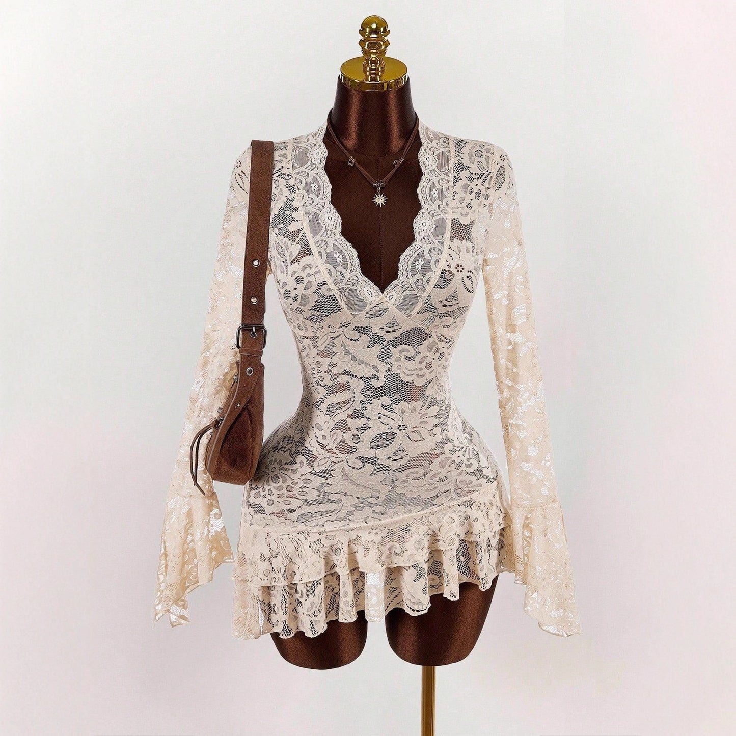 Retro Chic Cutout Lace VNeck DefinedWaist Mini Dress