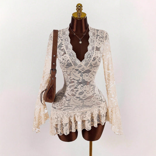 Retro Chic Cutout Lace VNeck DefinedWaist Mini Dress
